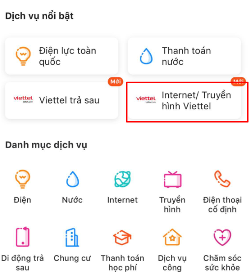 thanh toán tiền internet viettel qua momo